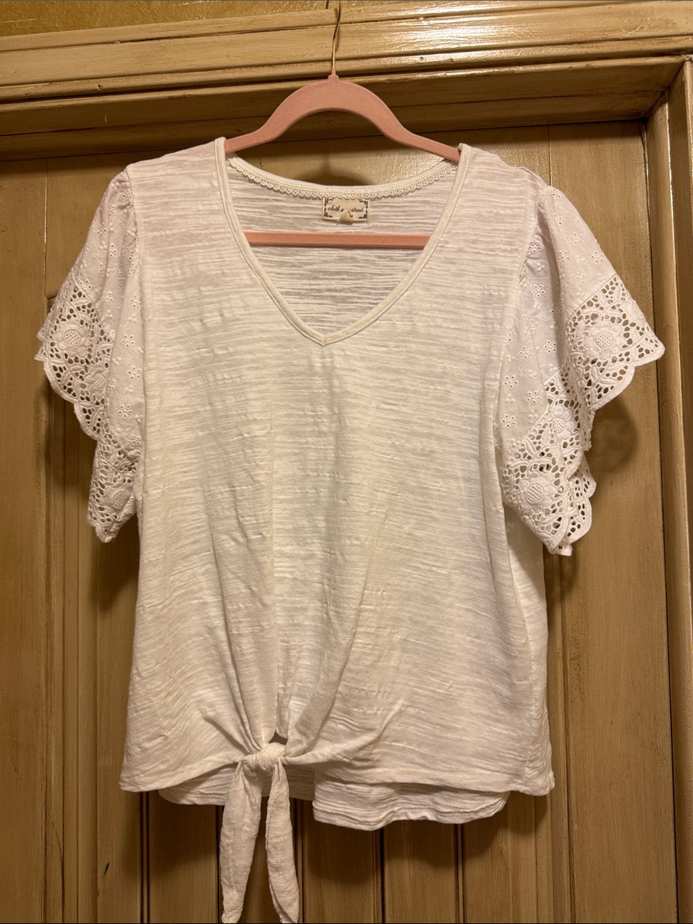 Tie-Front V-Neck Top with Eyelet Lace Sleeves - White
